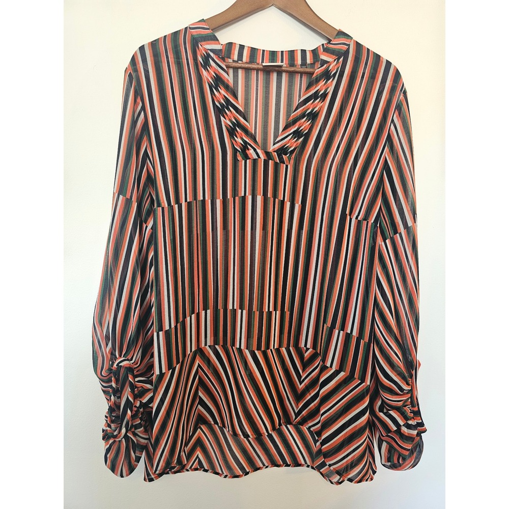 Boho Cabi 5519 Striped Chiffon Blouse Women Large Orange Green Sheer Puff Sleeve